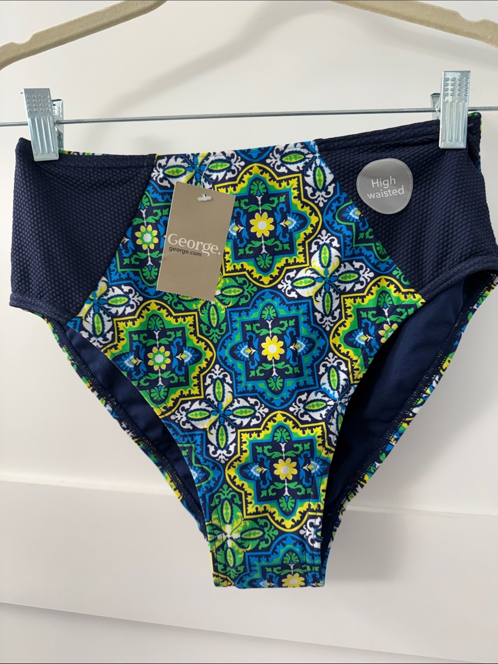 George High-Waisted Bikini Bottoms in Navy, Blue, White & Green Tile Print